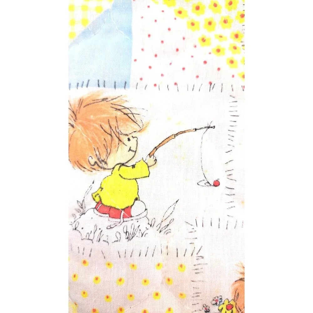 Vintage Patchwork Print Baby Quilt Child Yellow Little Lil Shavers 1970 Satin - Picture 12 of 13